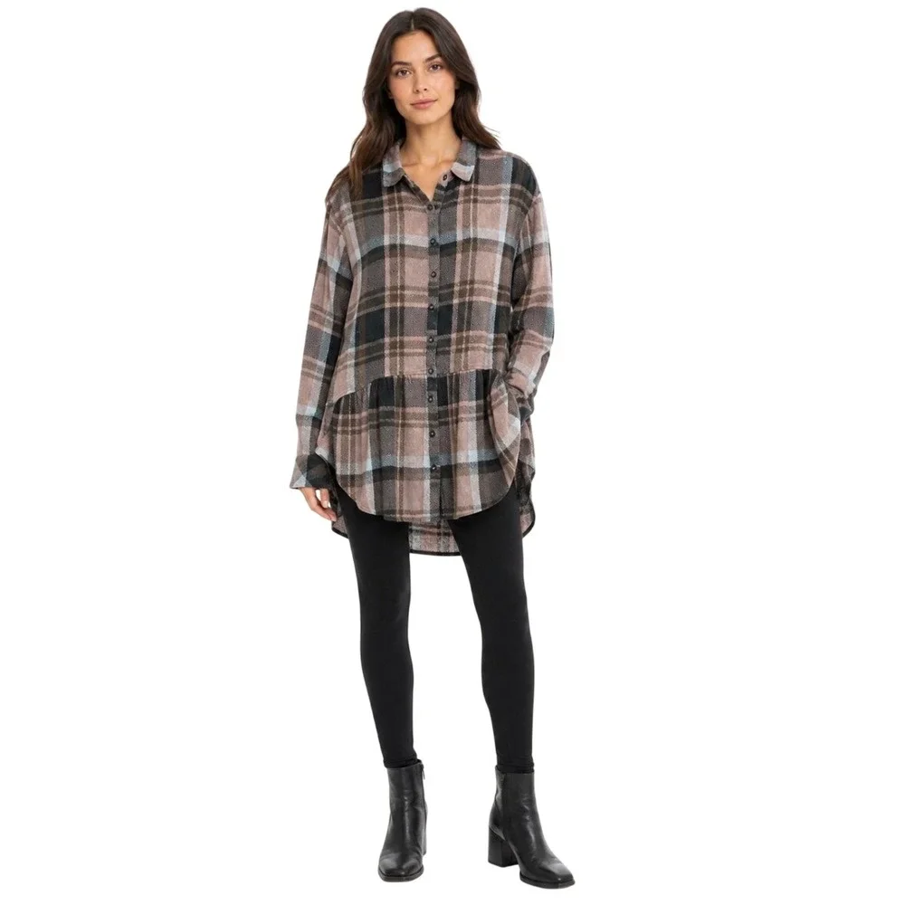 Free People Plaid Tunic Shirt Brown Blue Button Down Peplum Hem Flannel Medium